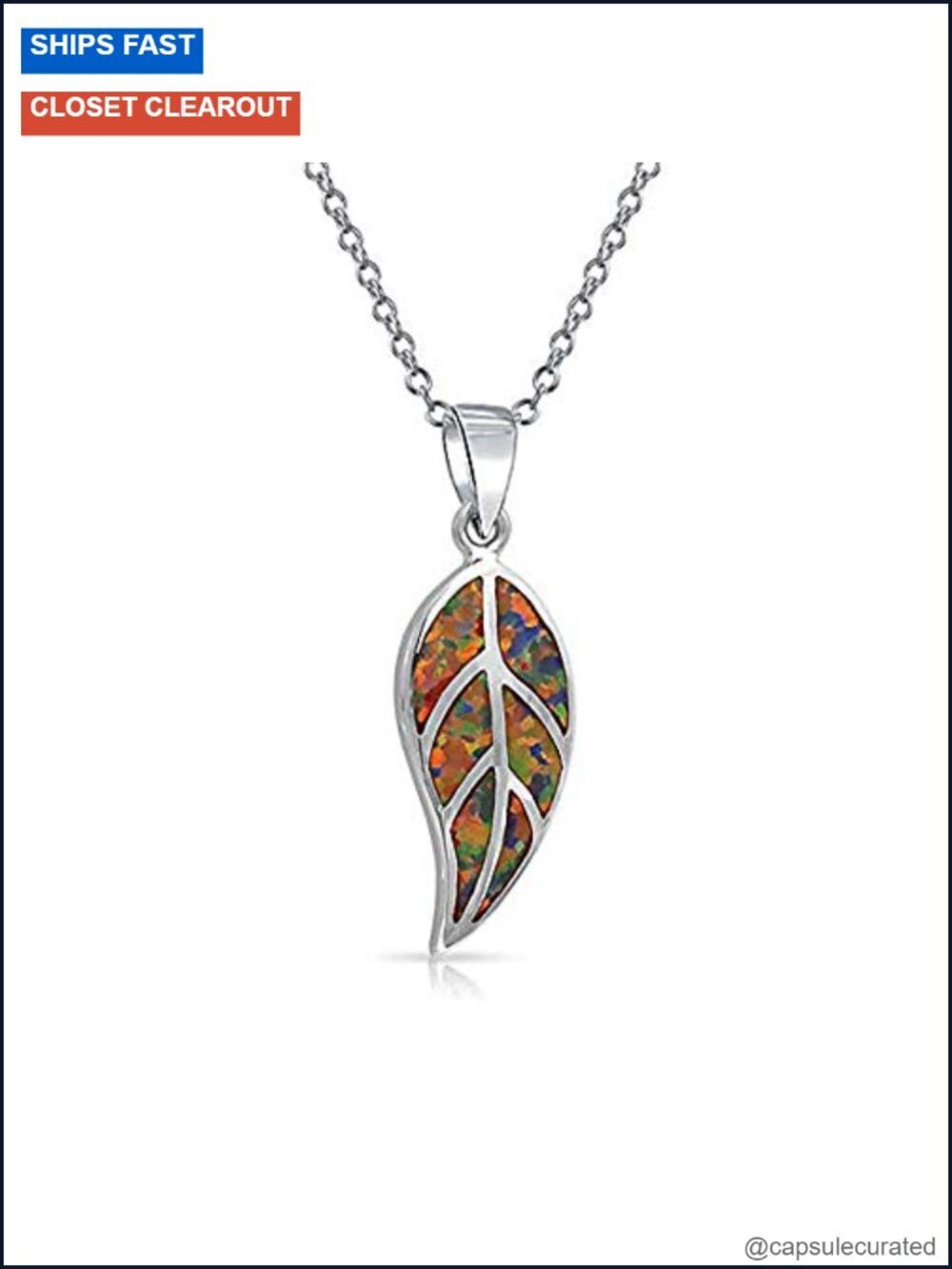 Silver Plated Created Opal Leaf Pendant Necklace Chain